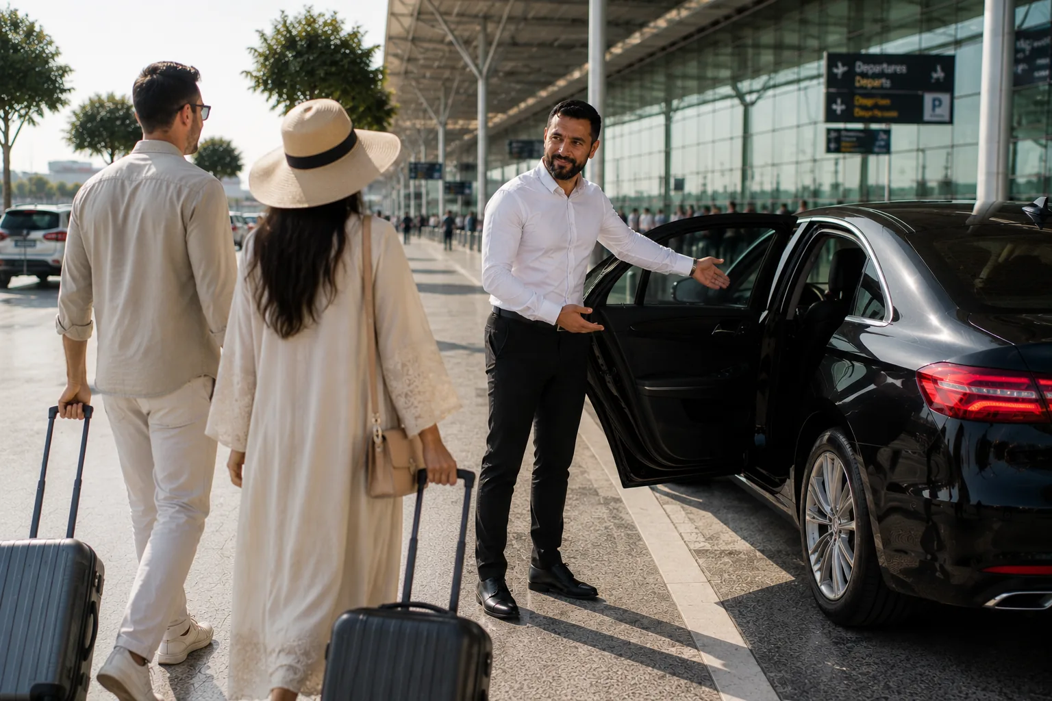 Chauffeur Marseille Provence Driver ouvrant la portière à un couple de voyageurs avec leurs valises à l'aéroport