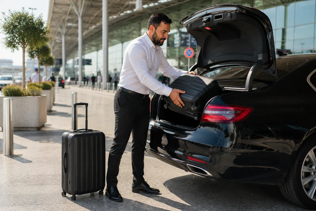 Chauffeur Marseille Provence Driver chargeant une valise dans le coffre d'une berline noire à l'aéroport de Marseille