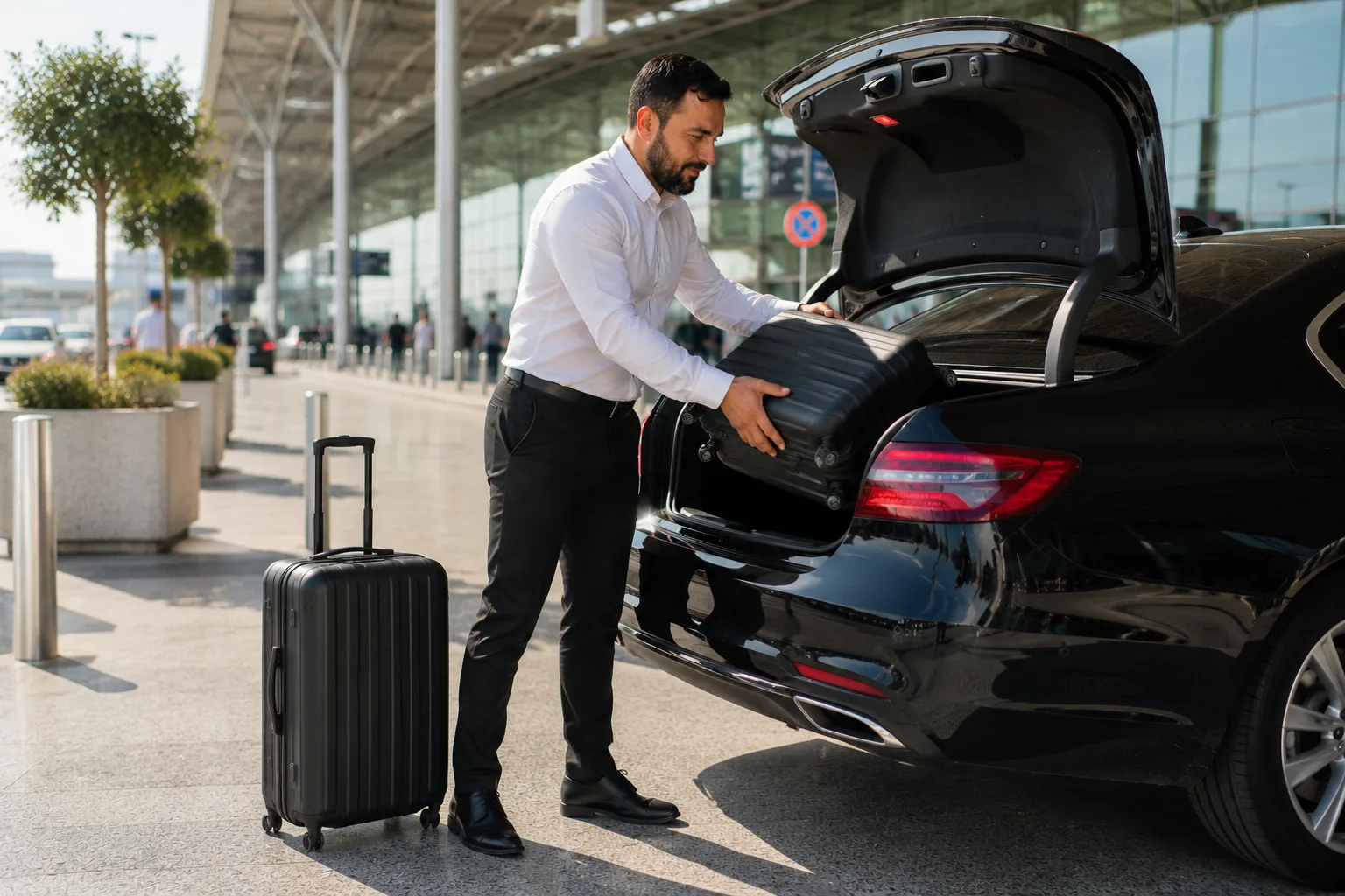 Chauffeur Marseille Provence Driver chargeant une valise dans le coffre d'une berline noire à l'aéroport de Marseille