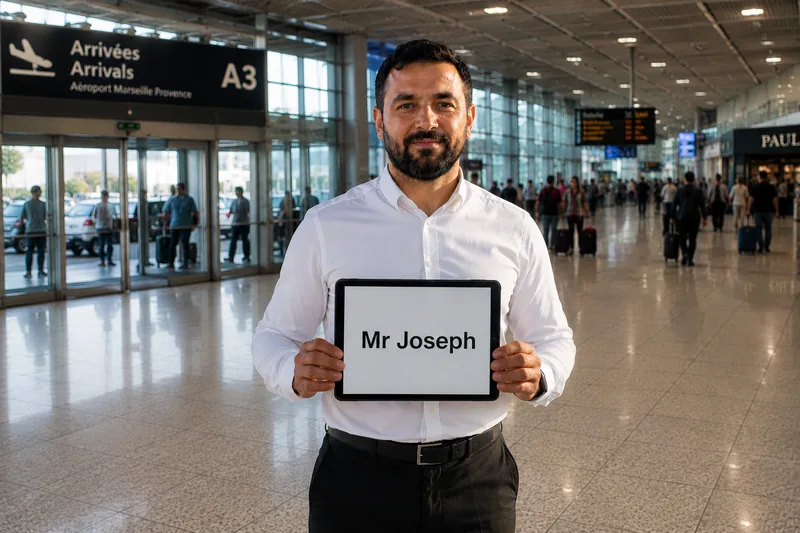 Chauffeur Marseille Provence Driver accueillant un client avec une pancarte nominative dans le hall d'arrivée de l'aéroport Marseille-Provence