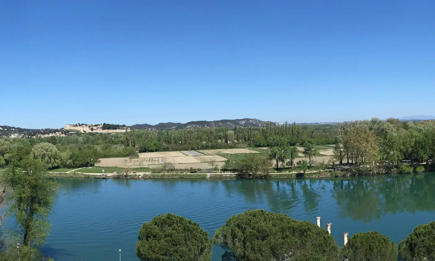Le Rhône turquoise et l'île verte de la Barthelasse vus depuis le jardin des Doms, avec le fort Saint-André à l'horizon, Avignon