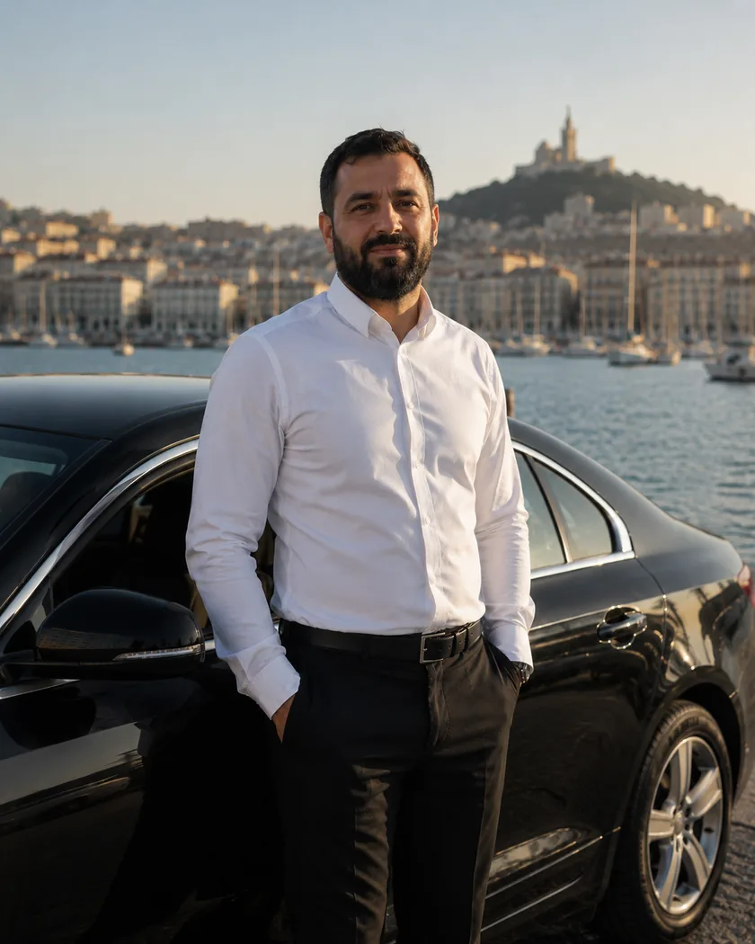 Hamid, chauffeur privé VTC Marseille Provence Driver, devant sa berline noire avec le Vieux-Port de Marseille et Notre-Dame de la Garde en arrière-plan
